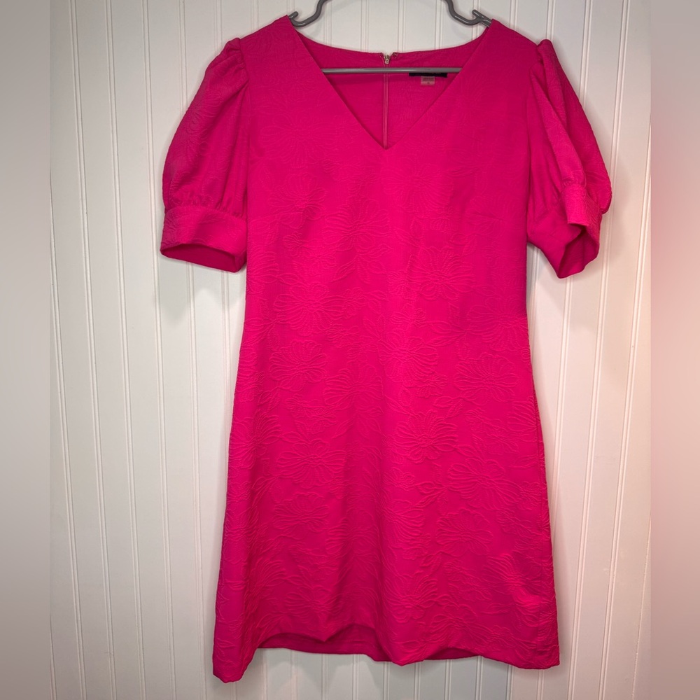 Tommy Hilfiger Womens Bright Hot Pink Blossom Floral Puff Sleeve Jacquard Dress